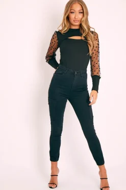 Rebellious Fashion Black Denim Cargo Jeans - Destany