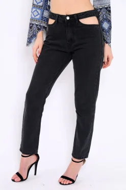 Rebellious Fashion Black Denim Cut Out Pocket Boyfriend Jeans - Jaime