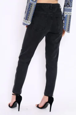 Rebellious Fashion Black Denim Cut Out Pocket Boyfriend Jeans - Jaime