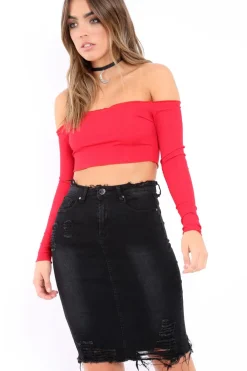 Rebellious Fashion Black Denim Distressed Midi Skirt - Lea