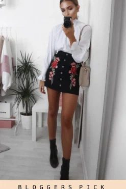 Rebellious Fashion Black Denim Embroidered Button Skirt - Grace