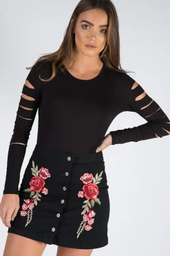Rebellious Fashion Black Denim Embroidered Button Skirt - Grace