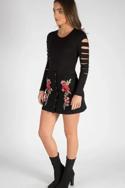 Rebellious Fashion Black Denim Embroidered Button Skirt - Grace