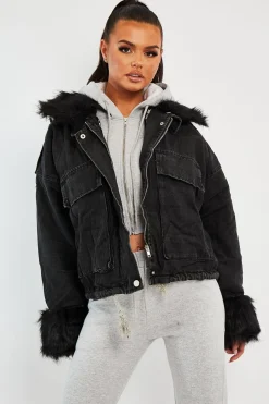 Rebellious Fashion Black Denim Fur Trim Coat - Khaira