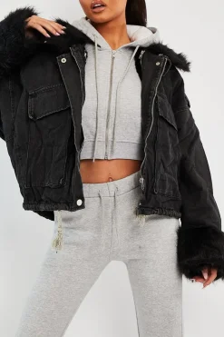 Rebellious Fashion Black Denim Fur Trim Coat - Khaira