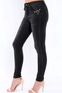 Rebellious Fashion Black Denim Jewelled Skinny Jeans - Jezzy