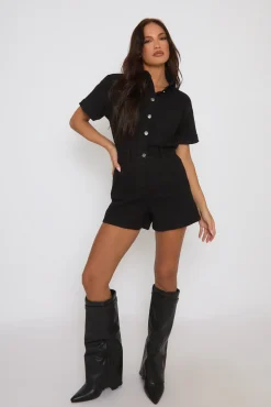 Rebellious Fashion Black Denim Playsuit - Betsy