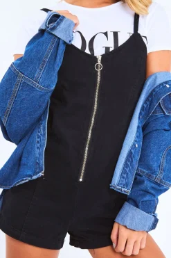 Rebellious Fashion Black Denim Plunge Zip Front Playsuit - Tiona