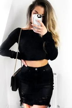 Rebellious Fashion Black Denim Rip Mini Skirt - Selenia