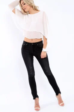 Rebellious Fashion Black Denim Skinny Jeans with Frayed Eyelet Hems - Dani