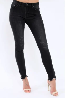 Rebellious Fashion Black Denim Skinny Jeans with Frayed Eyelet Hems - Dani