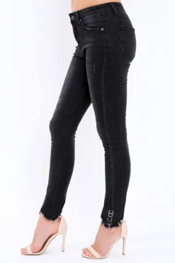 Rebellious Fashion Black Denim Skinny Jeans with Frayed Eyelet Hems - Dani