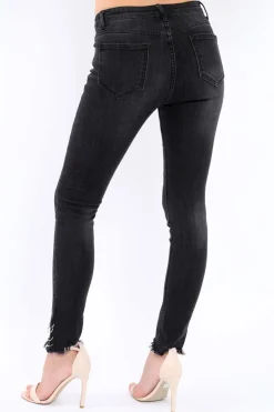 Rebellious Fashion Black Denim Skinny Jeans with Frayed Eyelet Hems - Dani