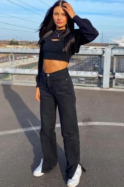 Rebellious Fashion Black Denim Straight Leg Side Split Jeans - Tashi