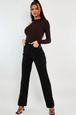 Rebellious Fashion Black Denim Straight Leg Side Split Jeans - Tashi