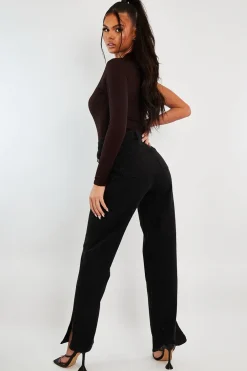 Rebellious Fashion Black Denim Straight Leg Side Split Jeans - Tashi