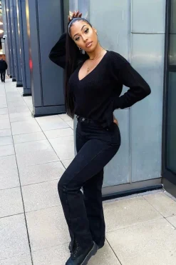 Rebellious Fashion Black Denim Straight Leg Side Split Jeans - Tashi