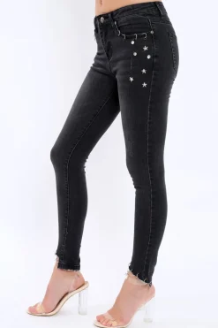 Rebellious Fashion Black Denim Stud And Eyelet Ring Jeans - Lesha