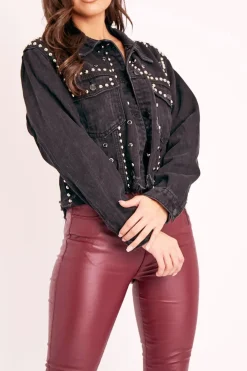 Rebellious Fashion Black Denim Studded Cropped Jacket - Gwenna
