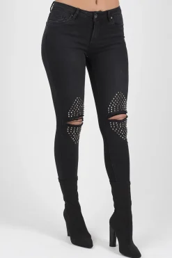 Rebellious Fashion Black Denim Studded Jeans -Georgia