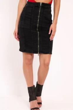 Rebellious Fashion Black Denim Zip Front Long Line Skirt - Lorali