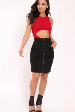 Rebellious Fashion Black Denim Zip Front Long Line Skirt - Lorali