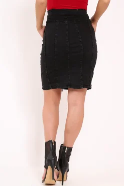 Rebellious Fashion Black Denim Zip Front Long Line Skirt - Lorali