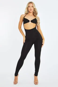 Rebellious Fashion Black Diamante Cut Out Halter Neck Jumpsuit - Sunniva