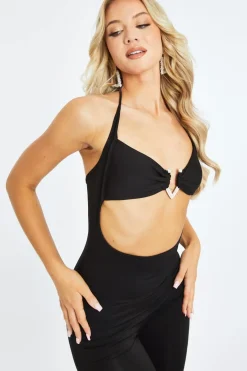 Rebellious Fashion Black Diamante Cut Out Halter Neck Jumpsuit - Sunniva