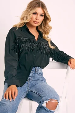 Rebellious Fashion Black Diamante Fringe Shirt - Haidee
