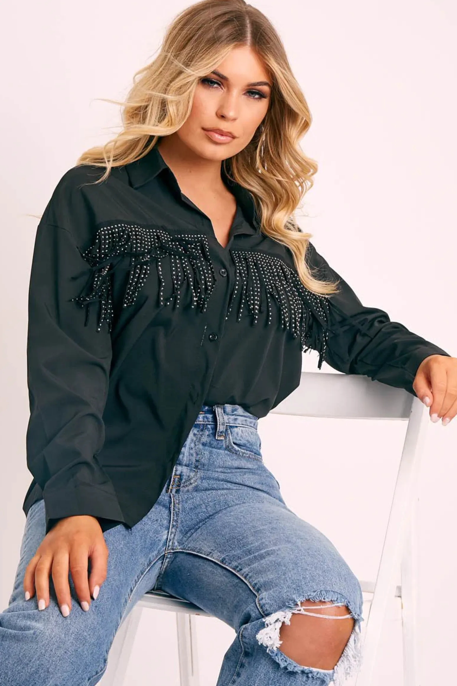 Rebellious Fashion Black Diamante Fringe Shirt - Haidee