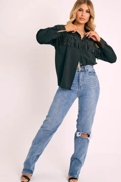Rebellious Fashion Black Diamante Fringe Shirt - Haidee