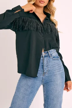 Rebellious Fashion Black Diamante Fringe Shirt - Haidee
