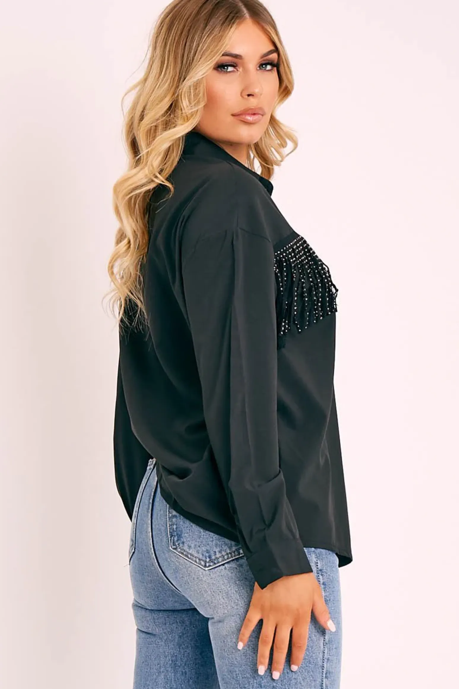 Rebellious Fashion Black Diamante Fringe Shirt - Haidee
