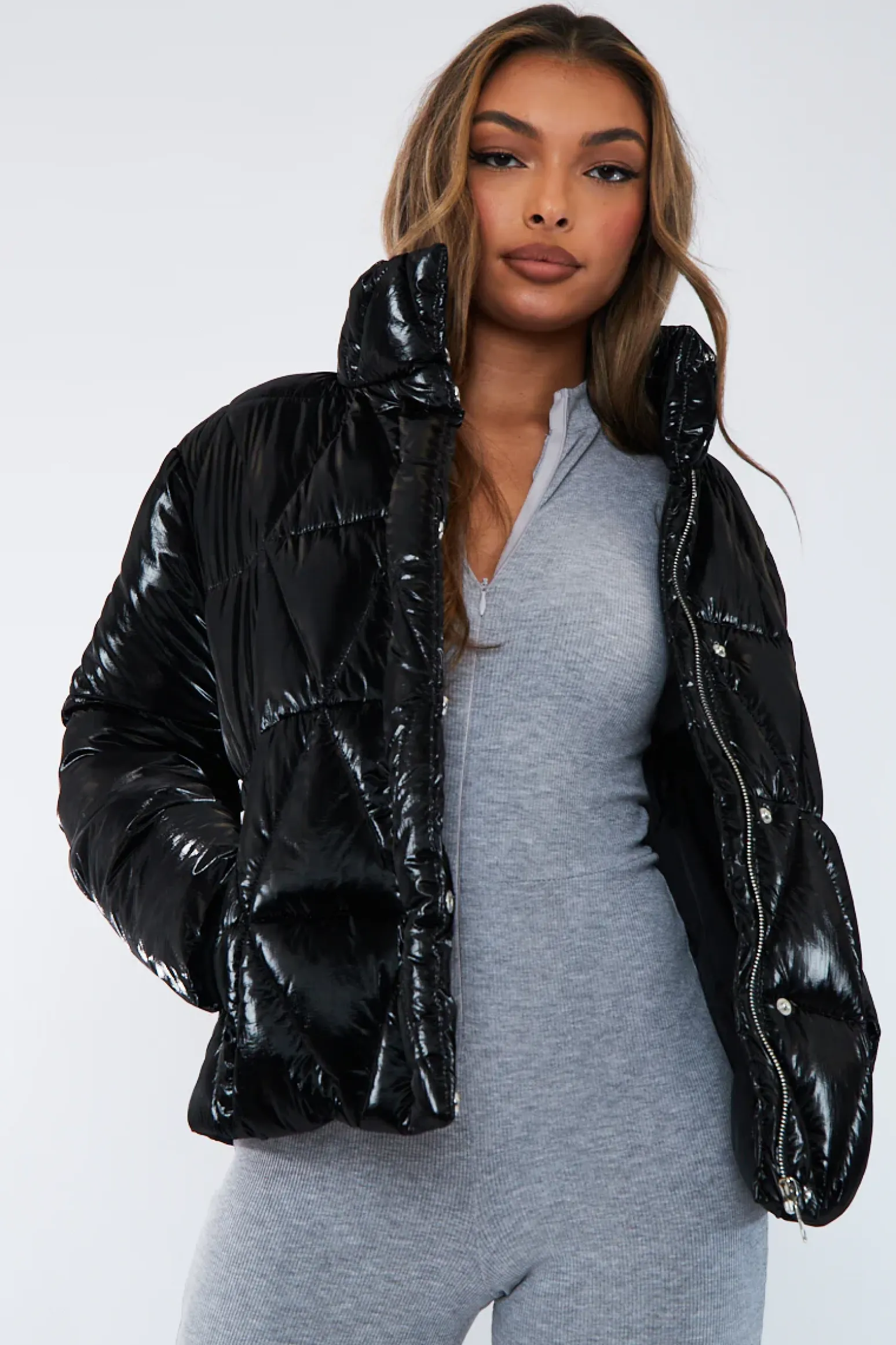 Rebellious Fashion Black Diamond Quilt High Shine Puffer Jacket - Lumi