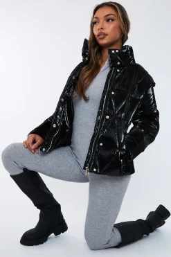 Rebellious Fashion Black Diamond Quilt High Shine Puffer Jacket - Lumi