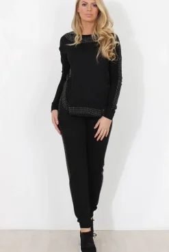 Rebellious Fashion Black Diamonte Loungewear - Linnea