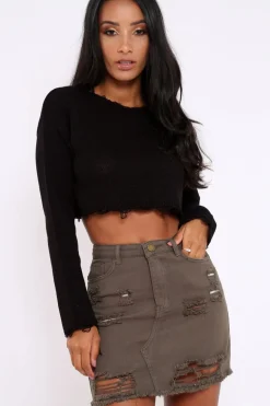 Rebellious Fashion Black Distressed Cropped Jumper - Porta