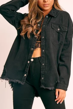 Rebellious Fashion Black Distressed Denim Oversized Shirt - Deena
