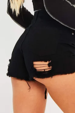 Rebellious Fashion Black Distressed Hemline Denim Shorts - Charlotte
