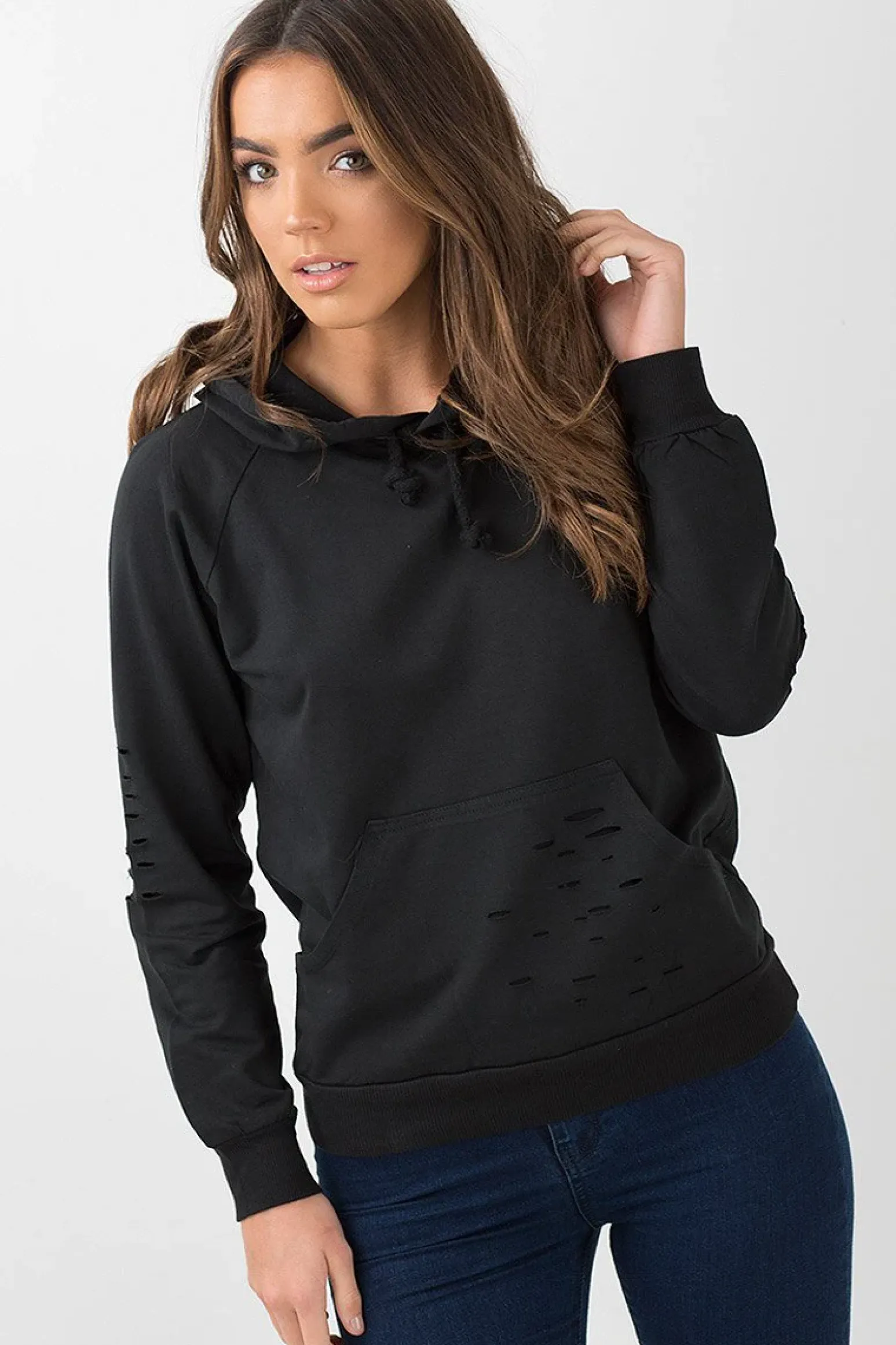 Rebellious Fashion Black Distressed Hoodie - Kiera