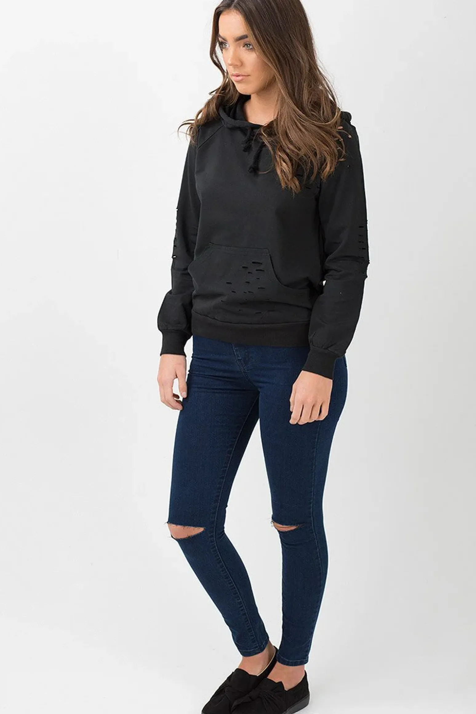 Rebellious Fashion Black Distressed Hoodie - Kiera