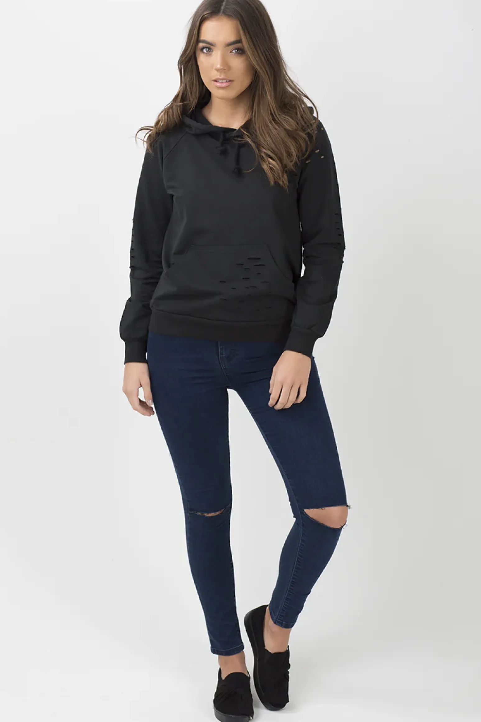 Rebellious Fashion Black Distressed Hoodie - Kiera