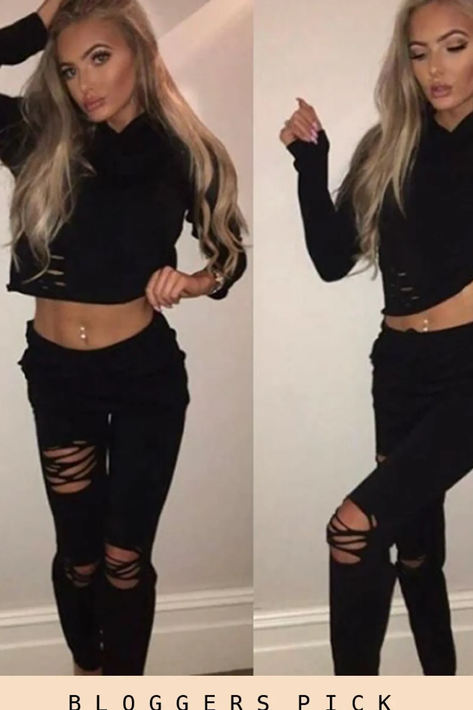 Rebellious Fashion Black Distressed Hoodie Tracksuit - Mollie