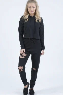 Rebellious Fashion Black Distressed Hoodie Tracksuit - Mollie