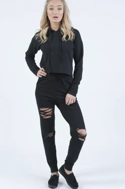 Rebellious Fashion Black Distressed Hoodie Tracksuit - Mollie