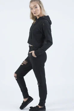 Rebellious Fashion Black Distressed Hoodie Tracksuit - Mollie