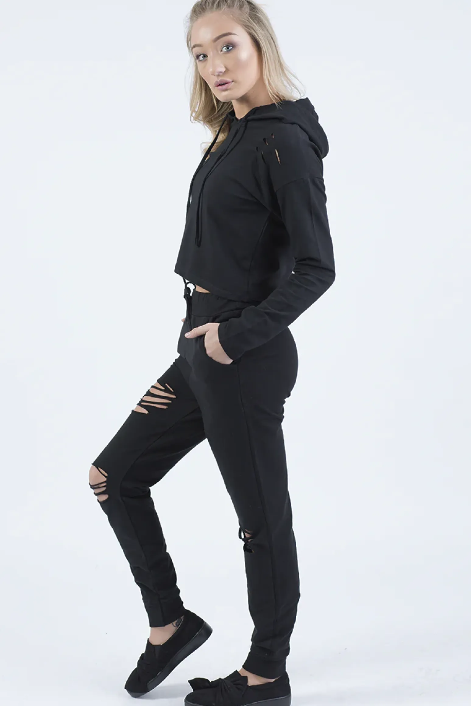 Rebellious Fashion Black Distressed Hoodie Tracksuit - Mollie