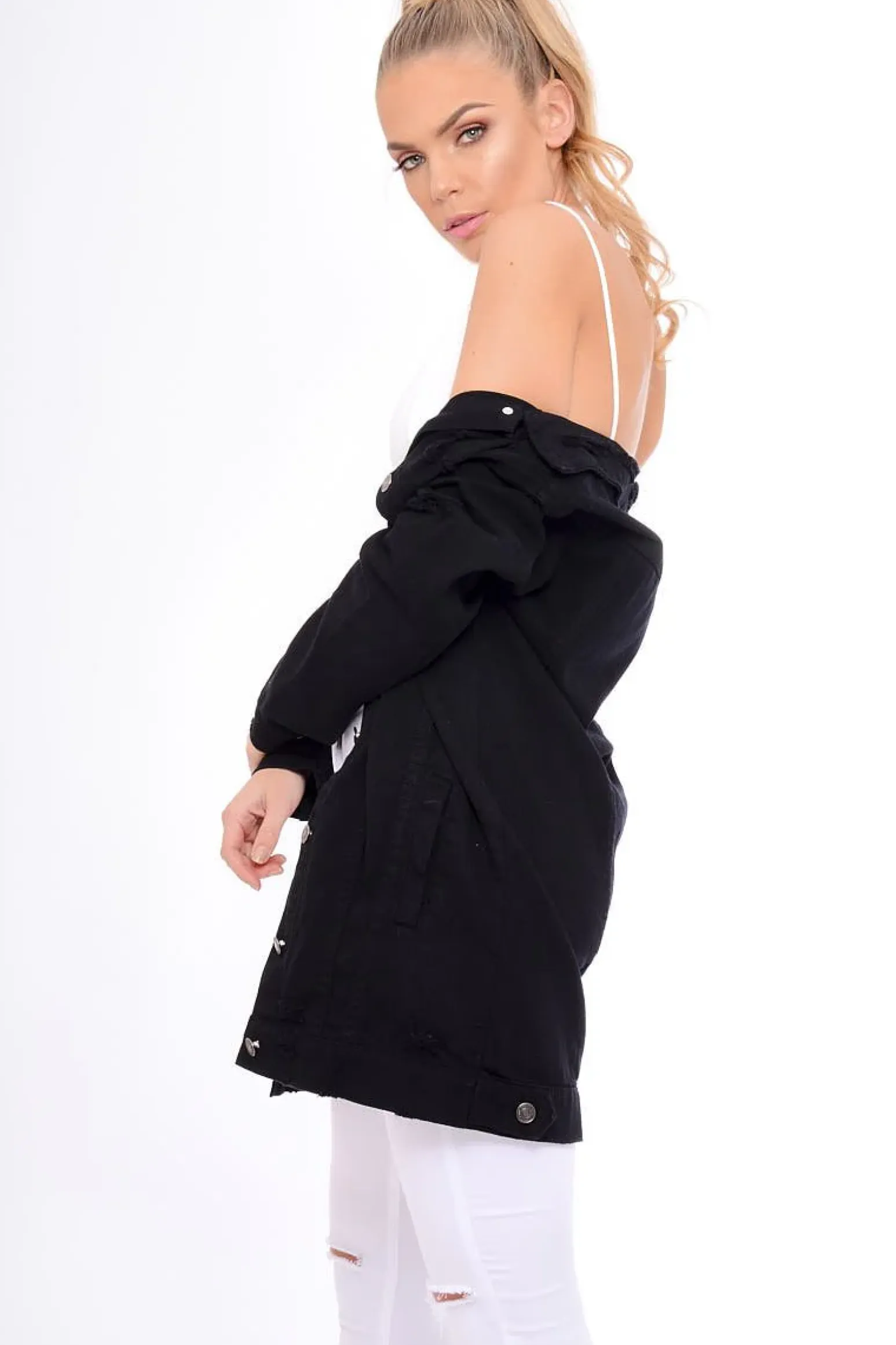 Rebellious Fashion Black Distressed Oversized Denim Jacket - Penny