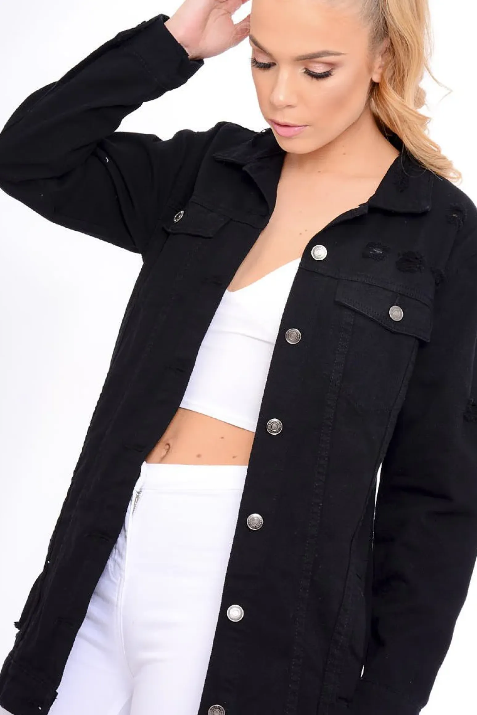 Rebellious Fashion Black Distressed Oversized Denim Jacket - Penny